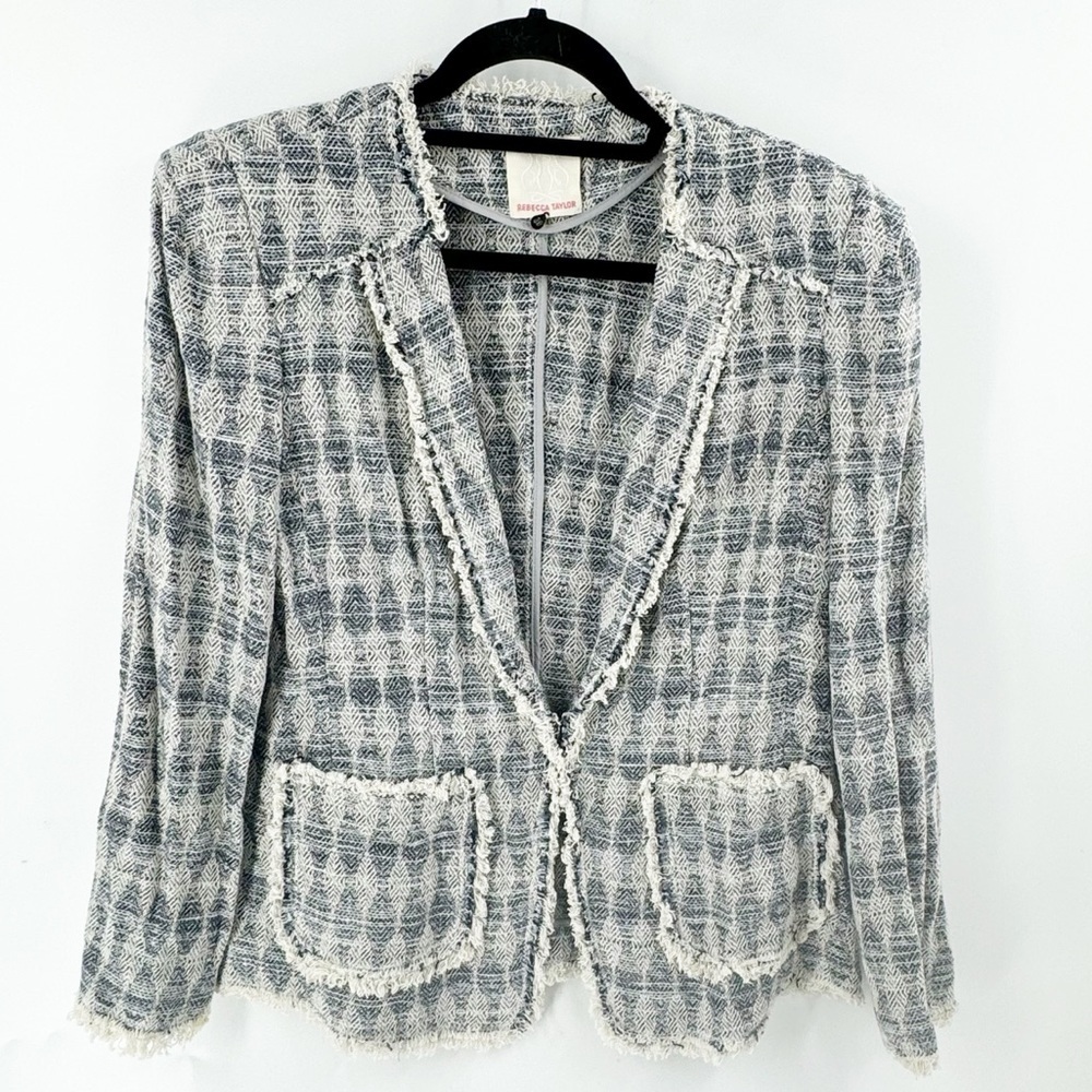 โ
REBECCA TAYLOR GREY AND CREAM WOOL/LINEN BLEND BLAZER SIZE 10 SINGLEโ CLOSURE